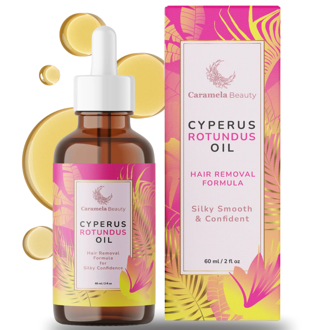 Caramel Beauty Cyperus Rotundus Oil bottle and packaging on a white background
