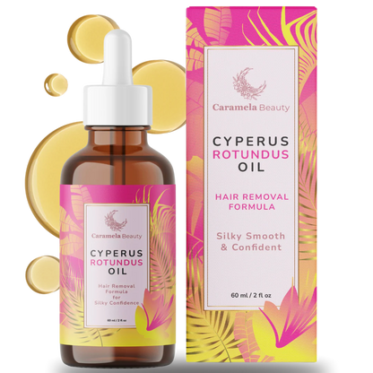 Caramel Beauty Cyperus Rotundus Oil bottle and packaging on a white background